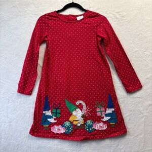 Hanna Andersson Christmas Dress Sz 140 Red Polka Dot Gnome Candy Cane Holiday‎